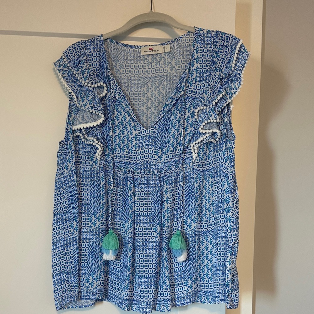 Vineyard Vines Ruffle Sleeve Swing Top with a patchwork pattern and tassel detai